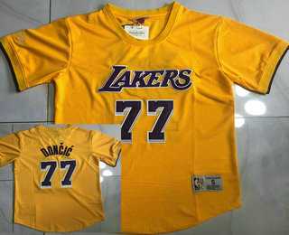 Men%27s Los Angeles Lakers #77 Luka Doncic Yellow Short Sleeved AU Throwback Jersey